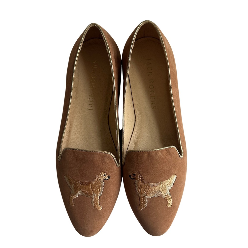 Jack Rogers Tan Suede Golden Retriever Embroidered Loafer Flats Gold Trim 8.5M